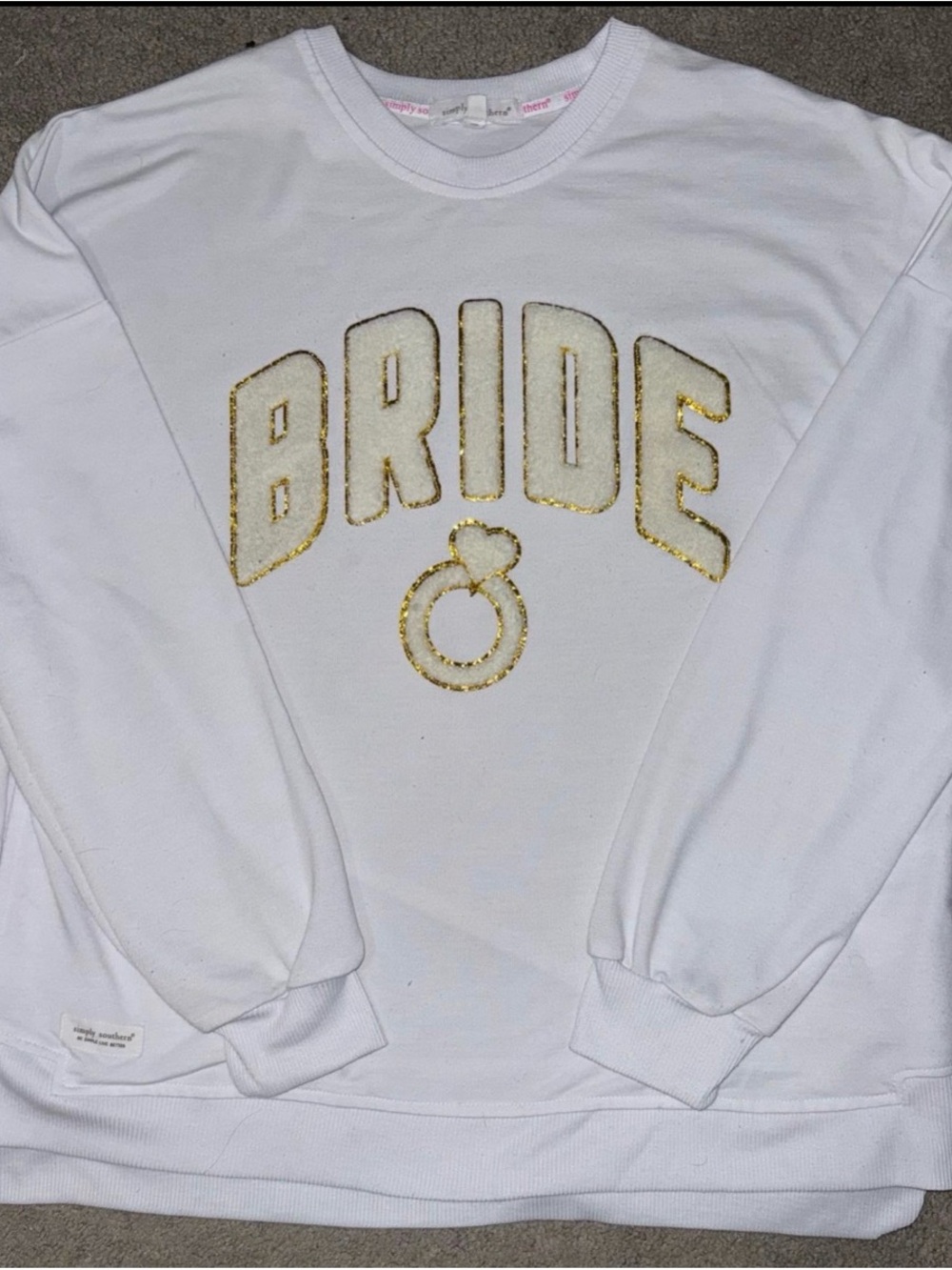 Simply Southern White Sweatshirt with Gold Glitter "BRIDE" and Ring
